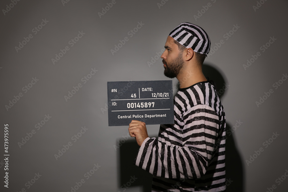 Poster prisoner in special uniform with mugshot letter board