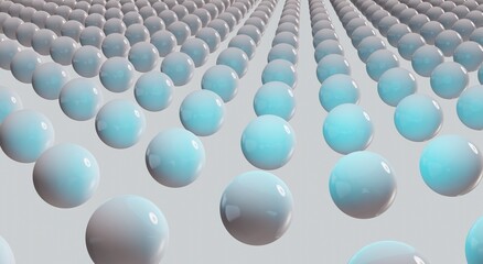 White and blue glossy spheres 3d render background. Ai data protection concept for tech company, business, web development.