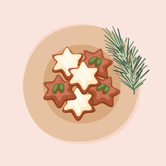 Christmas star cookies laying on a plate decorated with the spruce branch. Hand-drawn vector illustration. 