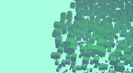 Green flying cubes 3d render background. Ai data protection concept for tech company, business, web development.