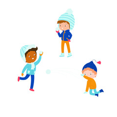 Kids have fun outside in winter. Boys playing snowball fight. Vector illustration. 