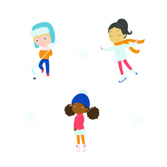 Kids have fun outside in winter. Winter holidays activities. Vector illustration. 