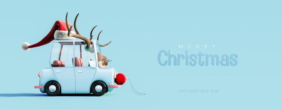 Cute blue car with deer antlers on the roof and Merry Christmas text on blue background 3D Rendering, 3D Illustration