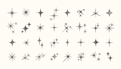 Hand drawn Sparkling star collection. Star icons. Twinkling stars. Vector Sparkles. Engraved illustration.