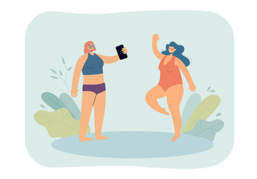 Female friends taking photos in swimming suits. Girl posing for woman holding phone flat vector illustration. Social media, traveling, summer concept for banner, website design or landing web page