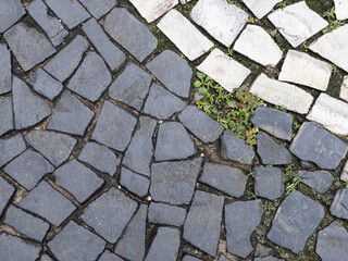 Traditional Portuguese stone sidewalk in white and black.
