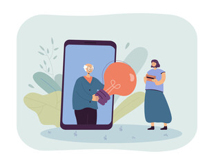 Elderly person giving lightbulb to woman through huge smartphone. Girl giving financial help to old man flat vector illustration. Banking, investment concept for banner or landing web page