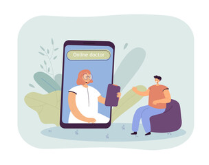 Female doctor on big phone screen talking to male patient. Online appointment with medical professional flat vector illustration. Medicine, health, technology concept for banner or landing web page
