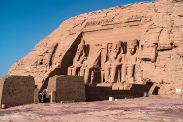 The imposing Temple of Ramses II in the desert facing Lake Nasser. Photograph taken in Abu Simbel,...