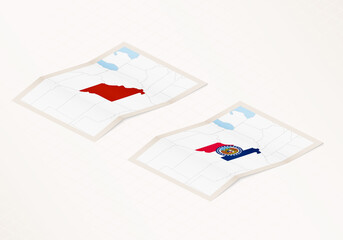 Two versions of a folded map of Missouri with the flag of the country of Missouri and with the red color highlighted.