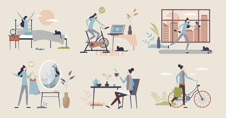 Morning routine steps and everyday activities tiny person collection set. Elements with waking up, exercise, dressing up, breakfast coffee or drive to work vector illustration. Habits and ritual items