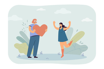 Mother giving big heart to happy daughter. Woman giving love and care to girl jumping from joy flat vector illustration. Family, relationship concept for banner, website design or landing web page