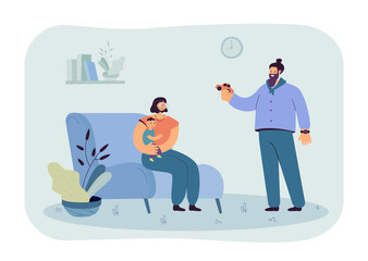 Happy family playing with toys together in living room. Mother sitting on sofa while holding baby, father with toy car flat vector illustration. Family, love, care concept for banner, website design