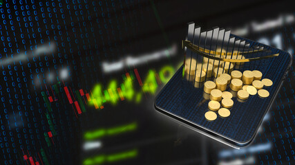 The business chart and gold coins on tablet 3d rendering