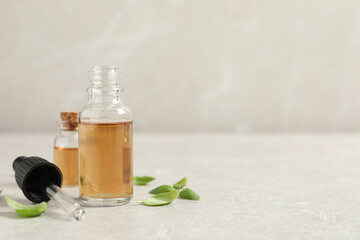 Bottles of essential basil oil and fresh leaves on light grey table, space for text