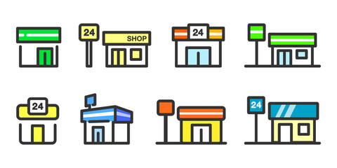 コンビニ店舗お店ショップのベクターアイコンイラスト素材カラーセット