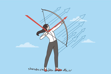 Young businesswoman aim with bow arrow at business goal achievement or success. Confident woman employee reach accomplishment. Income and investment. Target achieve. Vector illustration. 