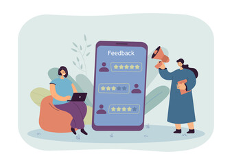 Huge phone and female user with laptop checking online reviews. Adult woman holding megaphone flat vector illustration. Customer feedback, technology concept for banner, website design or landing page