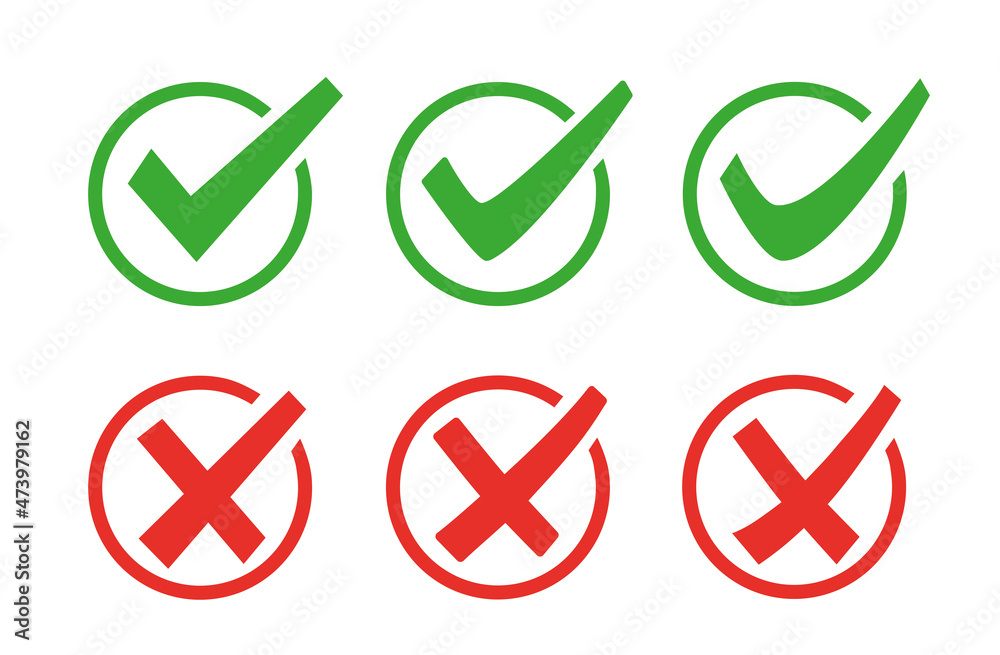 Poster Green tick and red cross checkmarks in circle flat icons. Vector illustration isolated on a white background. Acceptance of voting results. Premium quality. Vector.