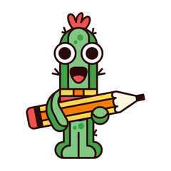 Cute Cactus Holding Pencil Illustration