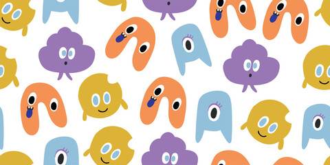 Hand drawing monster faces seamless print design. Vector illustration design for fashion fabrics, textile graphics, prints