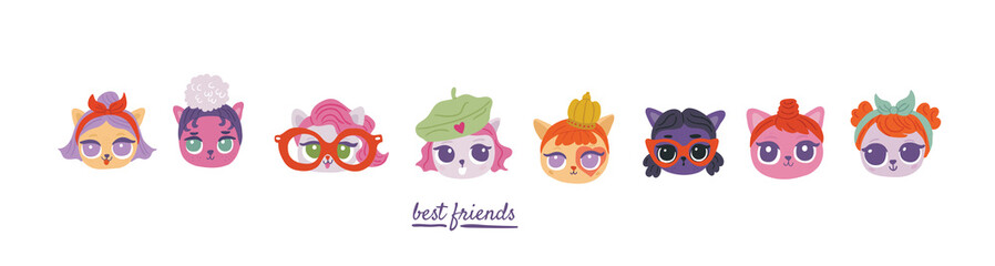 Vector set with cute cat colorful characters, isolated on white with lettering best friends. Simple minimalistic cute cats in cartoon style. Cute kitty character