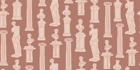 Fototapeta na wymiar Vector seamless pattern in doodle cartoon style with ancient monuments, statues, busts in brown. Museum pattern for adults and kids