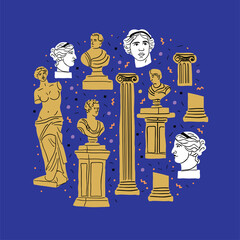 Circle illustration banner with various Antique statues. Heads of woman, philosophers. Mythical, ancient greek style. Classic statues in modern doodle style. All elements isolated, museum day banner