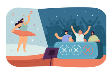 Dancer or ballerina performing in talent show. Judges and audience cheering for girl flat vector illustration. Competition, entertainment concept for banner, website design or landing web page