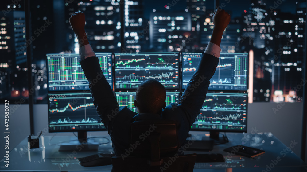 Poster stock market broker working on a computer with multi-monitor workstation, wins and celebrate success