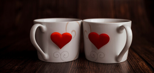 two coffee mugs with red hearts, Valentine's Day, the concept of love