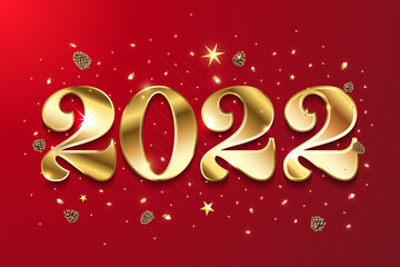 Happy New Year 2022 golden logo text design. Vector illustration concept for background, brochure design template, greeting card, party invitation, website banner, social media banner