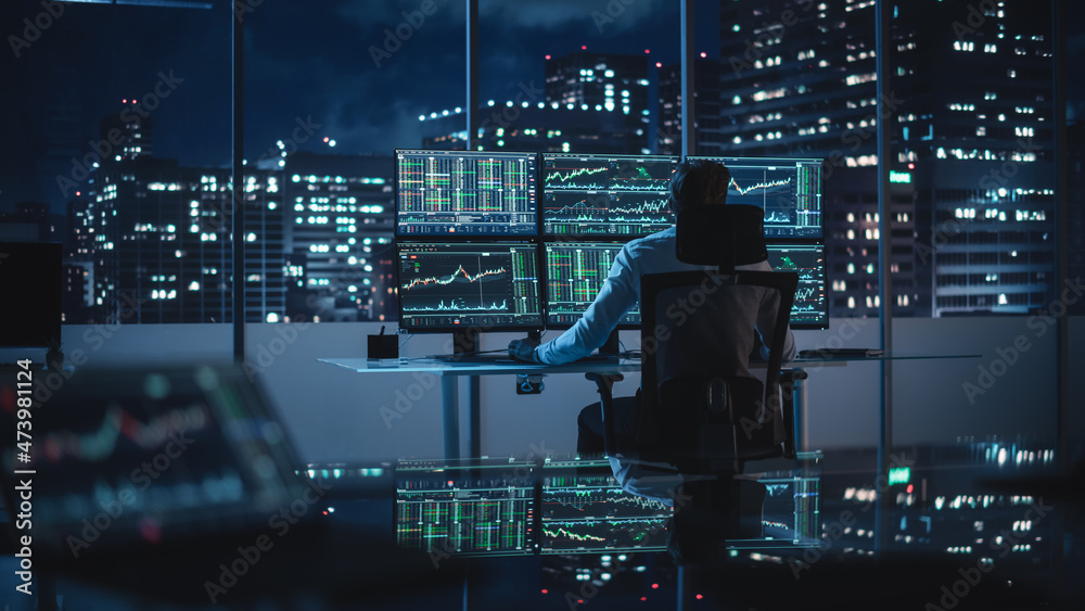 Poster financial analyst working on computer with multi-monitor workstation with real-time stocks, commodit
