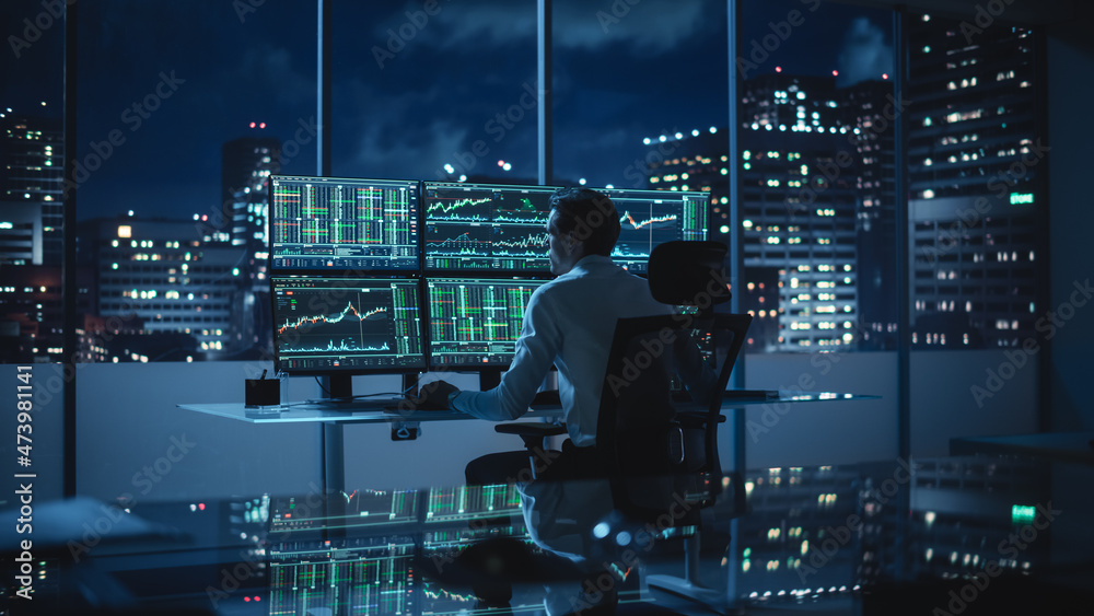 Poster financial analyst working on computer with multi-monitor workstation with real-time stocks, commodit
