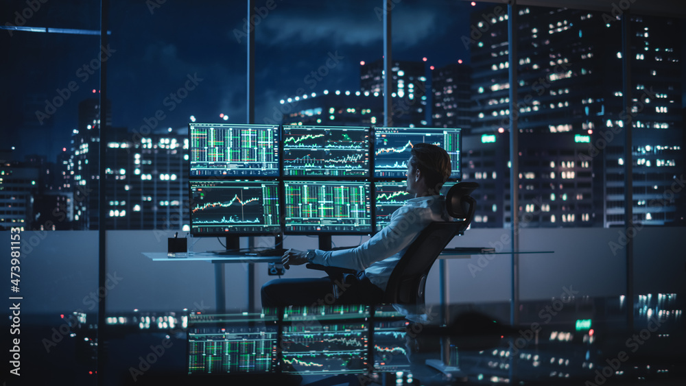 Poster financial analyst working on computer with multi-monitor workstation with real-time stocks, commodit