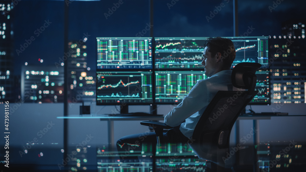 Poster financial analyst working on computer with multi-monitor workstation with real-time stocks, commodit