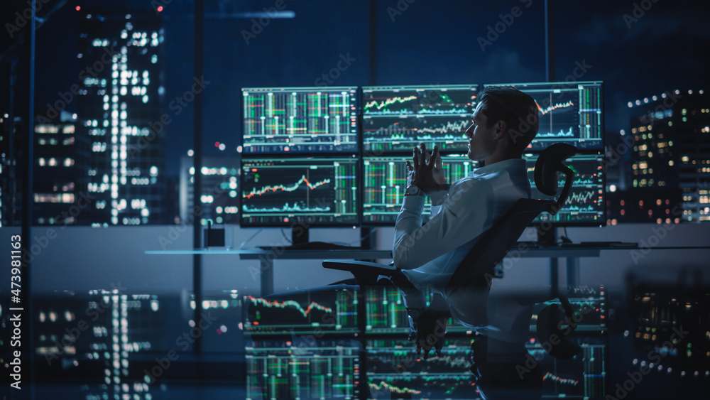 Poster financial analyst working on a computer with multi-monitor workstation with real-time stocks, commod