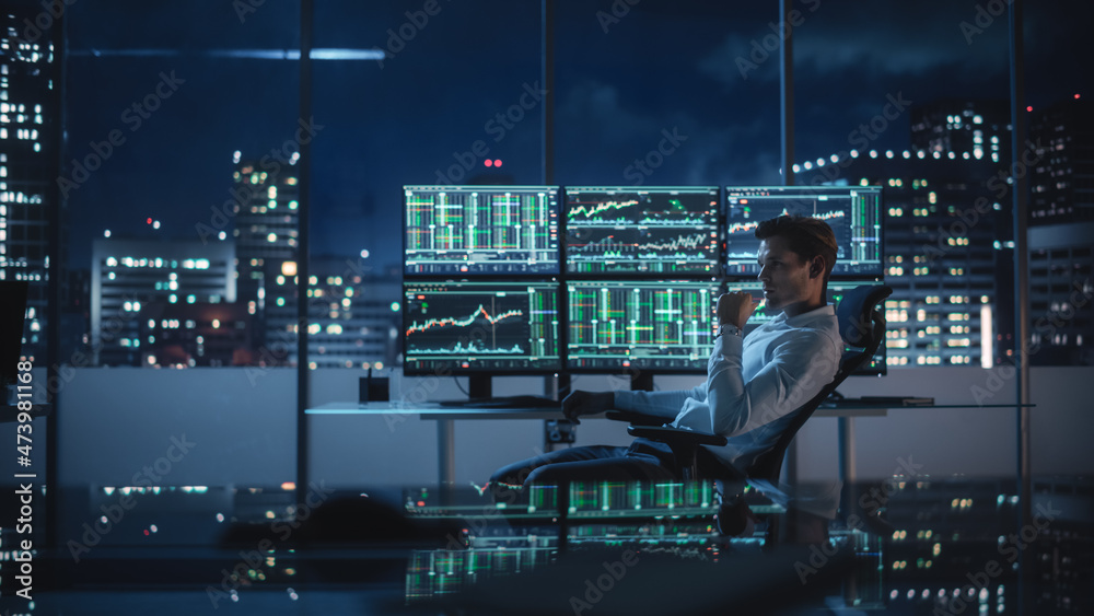 Poster financial analyst working on a computer with multi-monitor workstation with real-time stocks, commod