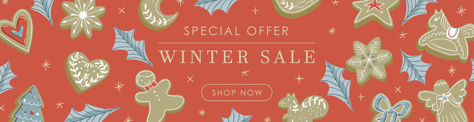 Web banner cute design illustration with red background, beige sparkles stars, cookies, holly leaves with Special offer Winter sale Shop now button sign - 473981107