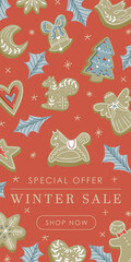 Web banner cute design illustration with red background, beige sparkles stars, cookies, holly leaves with Special offer Winter sale Shop now button sign - 473981115