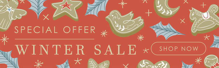Web banner cute design illustration with red background, beige sparkles stars, cookies, holly leaves with Special offer Winter sale Shop now button sign - 473981146