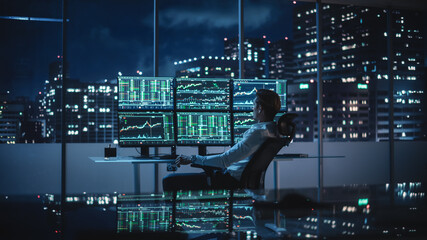 Financial Analyst Working on Computer with Multi-Monitor Workstation with Real-Time Stocks,...