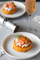 Christmas day breakfast with crumpet french toast with salmon and crayfish