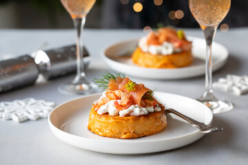 Christmas day breakfast with crumpet french toast with salmon and crayfish