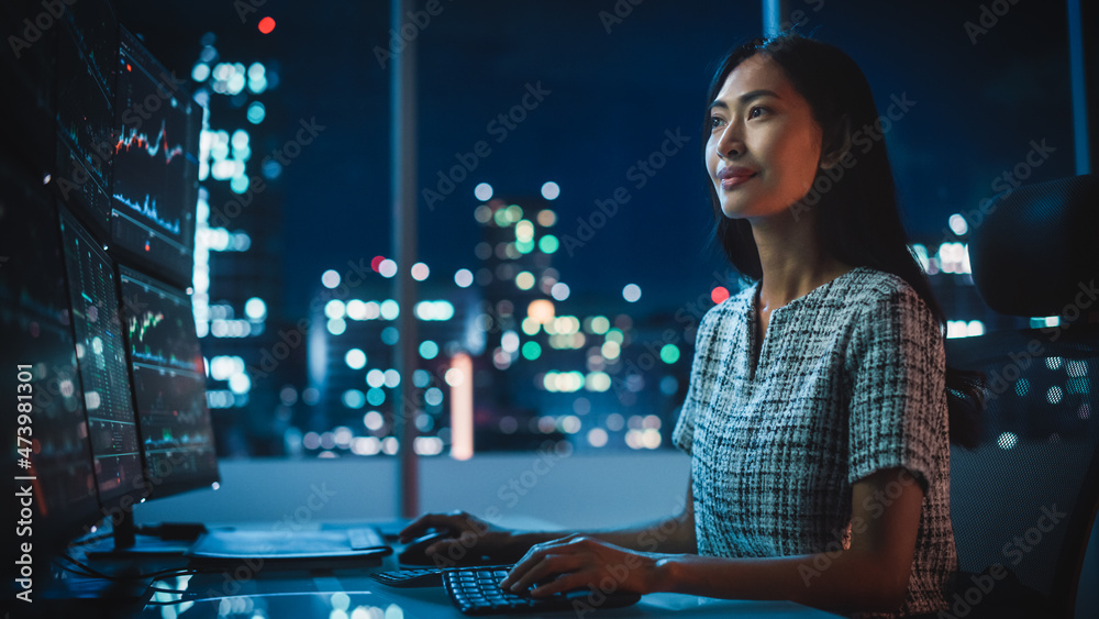 Poster portrait of a financial analyst working on computer with multi-monitor workstation with real-time st