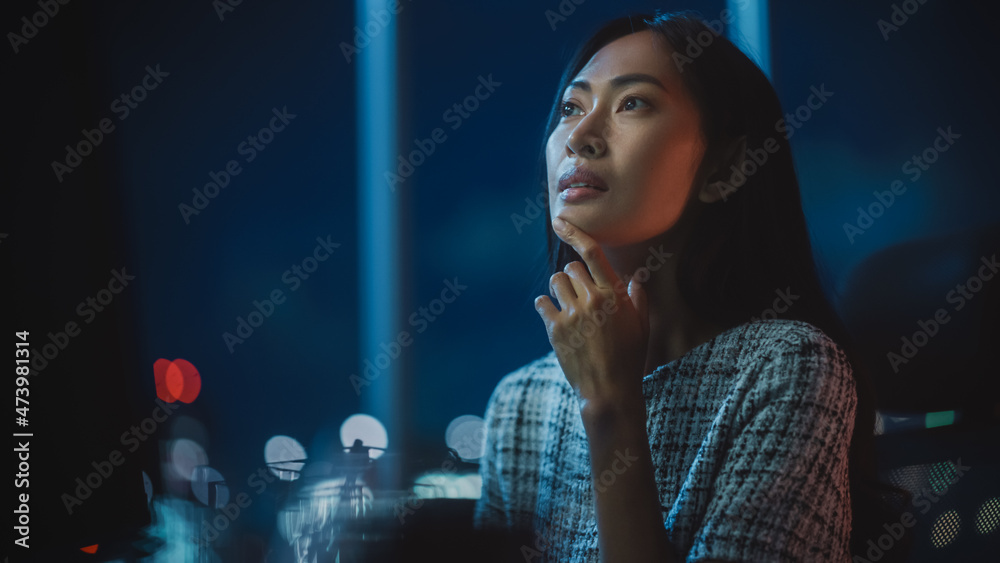 Poster close up portrait of financial analyst working on computer with multi-monitor workstation with real-