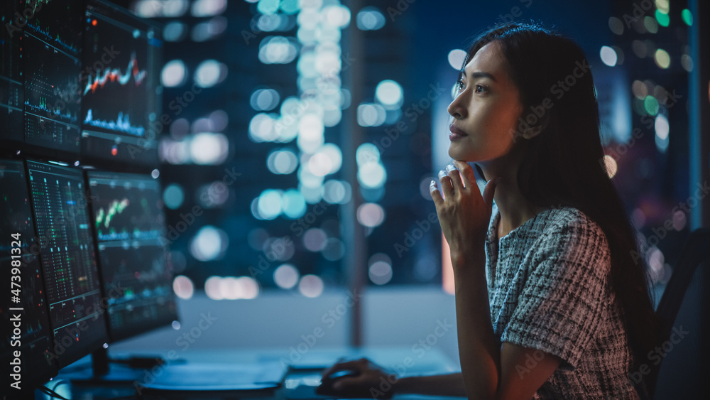 Poster portrait of a financial analyst working on computer with multi-monitor workstation with real-time st