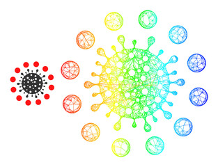 Network coronavirus red zone frame icon with rainbow gradient. Bright carcass mesh coronavirus red zone icon. Flat mesh created from coronavirus red zone icon and intersected lines.