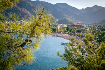 Summer landscape on the Mediterranean coast in Turkey. View of Icmeler beach, bay and mountains through pine branches