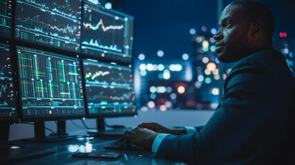 Financial Analyst Working on Computer with Multi-Monitor Workstation with Real-Time Stocks,...